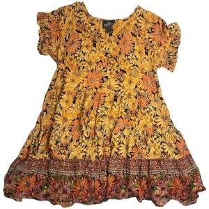 NWT Angie Floral Boho Babydoll Dress Yellow Orange Peasant Ruffle Hem Women's S